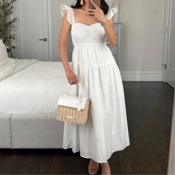 Abercrombie & Fitch Dresses & Skirts - Abercrombie and Fitch White Ruffle Strap Smocked Poplin Midi Dress Costal Beachy